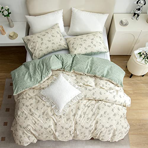 TISPLR Floral Comforter Set King 3 Pieces Soft Cotton Chic Garden Style Green Floral Print Lightweight Botanical Flower Comforter Set for All Seasons 1 Comforter and 2 Pillowcases - Image 3