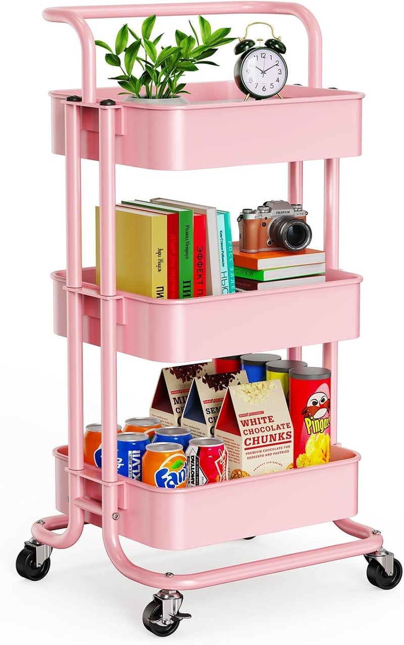 Pipishell 3 Tier Mesh Utility Cart, Rolling Metal Organization Cart with Handle and Lockable Wheels, Multifunctional Storage Shelves for Kitchen Living Room Office Pink - Image 1