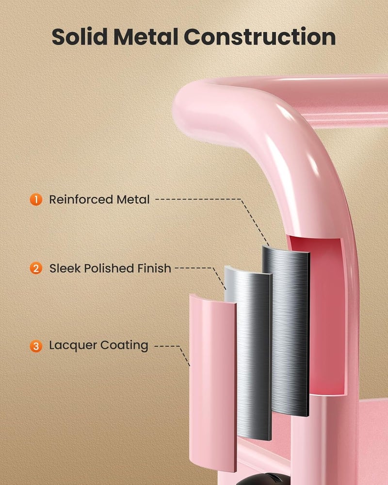 Pipishell 3 Tier Mesh Utility Cart, Rolling Metal Organization Cart with Handle and Lockable Wheels, Multifunctional Storage Shelves for Kitchen Living Room Office Pink - Image 5