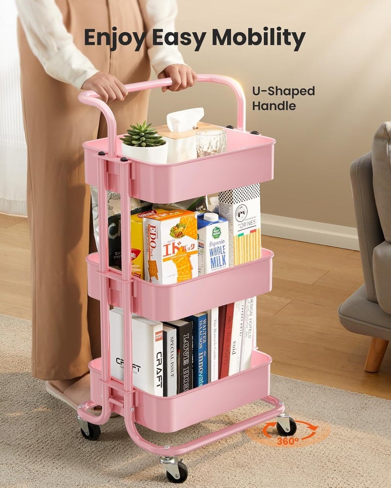 Pipishell 3 Tier Mesh Utility Cart, Rolling Metal Organization Cart with Handle and Lockable Wheels, Multifunctional Storage Shelves for Kitchen Living Room Office Pink - Image 4