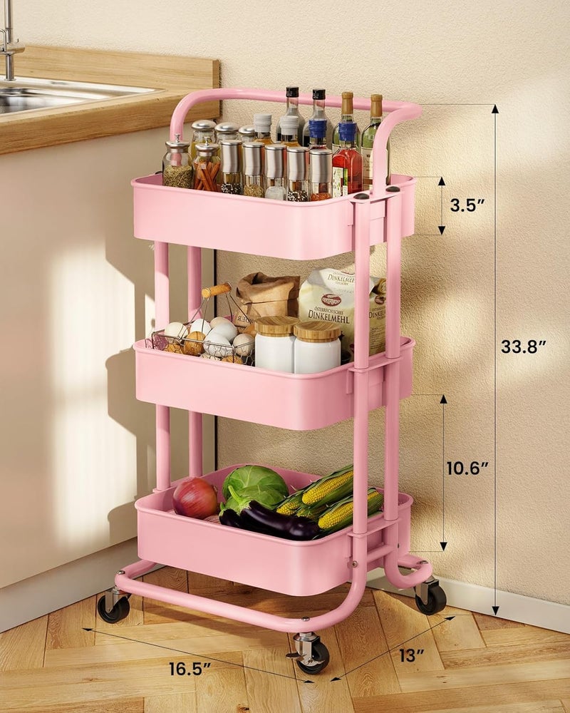 Pipishell 3 Tier Mesh Utility Cart, Rolling Metal Organization Cart with Handle and Lockable Wheels, Multifunctional Storage Shelves for Kitchen Living Room Office Pink - Image 3