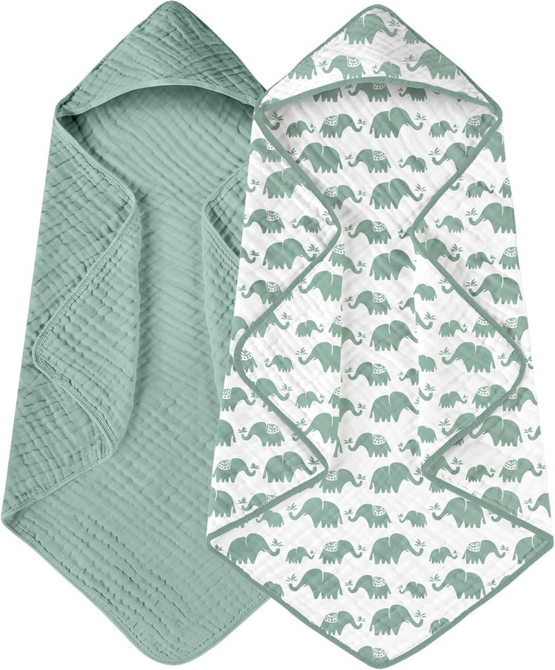 YOOFOSS Hooded Baby Towels for Newborn 2 Pack 100% Muslin Organic Cotton Baby Bath Towel with Hood for Babies, Infant, Toddler and Kids, 32x32Inch, Soft and Absorbent Newborn Essential, Green Elephant - Image 1