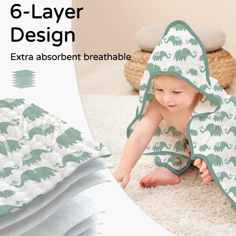 YOOFOSS Hooded Baby Towels for Newborn 2 Pack 100% Muslin Organic Cotton Baby Bath Towel with Hood for Babies, Infant, Toddler and Kids, 32x32Inch, Soft and Absorbent Newborn Essential, Green Elephant - Image 3