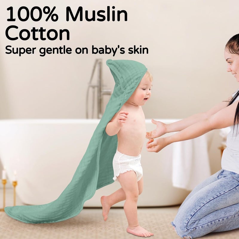 YOOFOSS Hooded Baby Towels for Newborn 2 Pack 100% Muslin Organic Cotton Baby Bath Towel with Hood for Babies, Infant, Toddler and Kids, 32x32Inch, Soft and Absorbent Newborn Essential, Green Elephant - Image 2