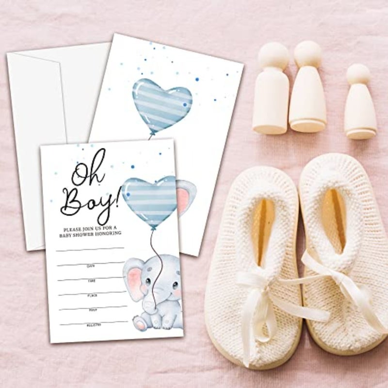 Balloon Elephant Baby Shower Invitation Cards With Envelopes 4" X 6" -Oh Boy Fill-In Double-Sided Invites, Baby Shower Party Supplies - 25 Sets - C12 - Image 4