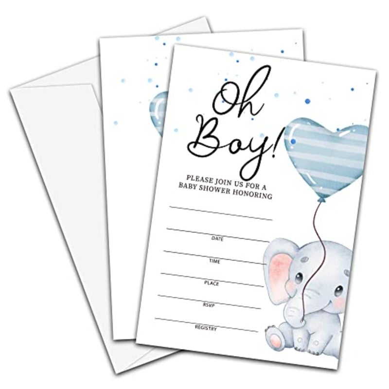 Balloon Elephant Baby Shower Invitation Cards With Envelopes 4" X 6" -Oh Boy Fill-In Double-Sided Invites, Baby Shower Party Supplies - 25 Sets - C12 - Image 1