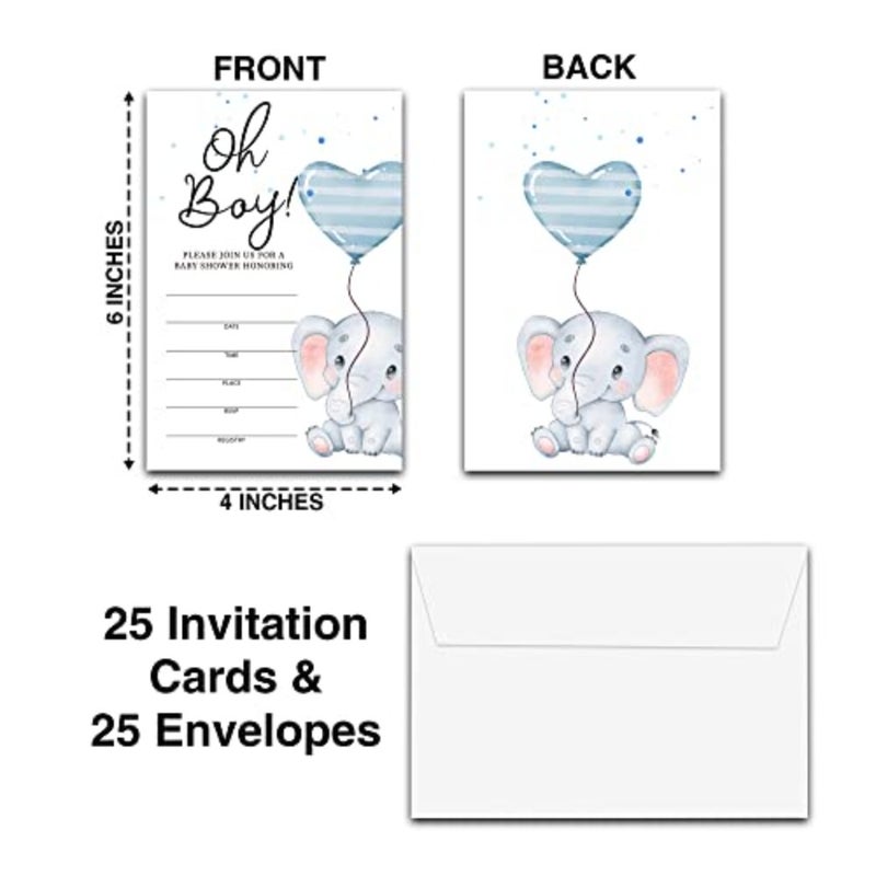 Balloon Elephant Baby Shower Invitation Cards With Envelopes 4" X 6" -Oh Boy Fill-In Double-Sided Invites, Baby Shower Party Supplies - 25 Sets - C12 - Image 2