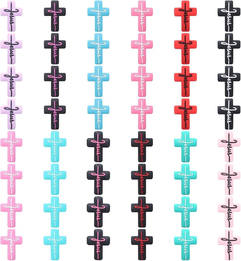 Generic Jewelry Making Beads, 48 Pcs Silicone Cross Focal Beads, Christian Prayer Beads, 12 Colors, for Bracelets and Necklaces, DIY Projects - Image 1