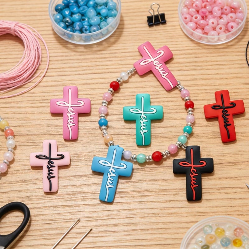 Generic Jewelry Making Beads, 48 Pcs Silicone Cross Focal Beads, Christian Prayer Beads, 12 Colors, for Bracelets and Necklaces, DIY Projects - Image 5