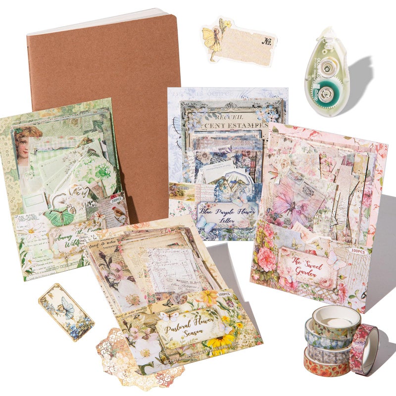 JOYCHOIC Vintage Floral Scrapbook Kit, 4 Packs Junk Journal Supplies for Beginner, Large Collection Journaling and Scrapbooking Materials, Bullet DIY Arts Craft Collage, Adults - Image 1