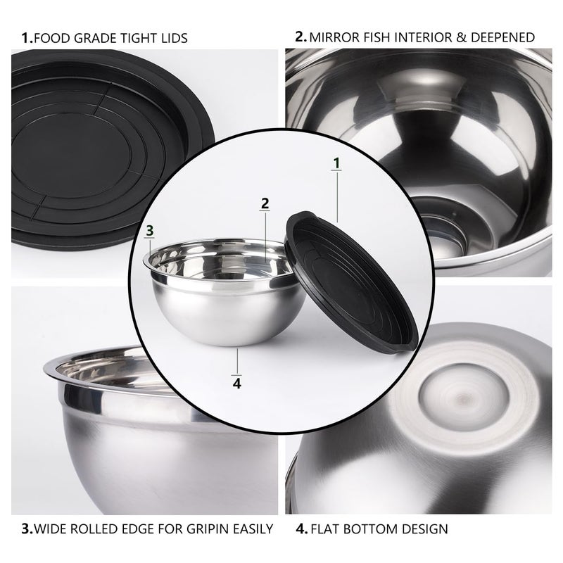 Leidawn Mixing Bowls with Lids set - 25 PCS Stainless Steel Nesting Black Mixing Bowls Set for Baking, Mixing, Serving & Prepping, Size 5, 3.7, 2.8, 2.3, 1.7, 1.1, 0.7QT, 11 Cooking Utensils - Image 2