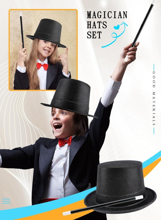 Skyebed 14 Pcs Plastic Top Hats with 14 Pcs Magician Wand Top Black Magician Hats for Men Women Halloween Cosplay Party Supplies, Glitter Black Set - Image 3
