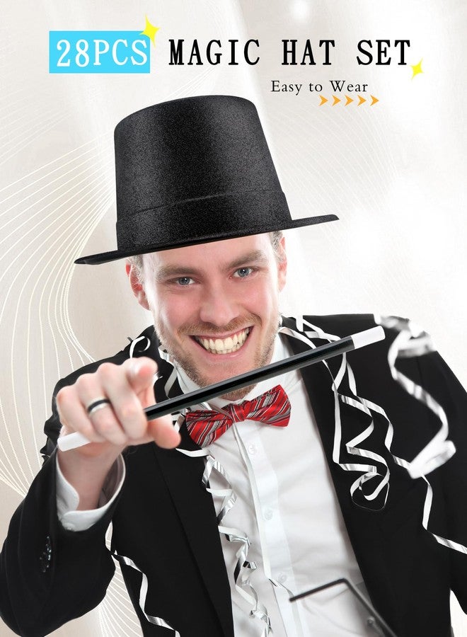 Skyebed 14 Pcs Plastic Top Hats with 14 Pcs Magician Wand Top Black Magician Hats for Men Women Halloween Cosplay Party Supplies, Glitter Black Set - Image 4