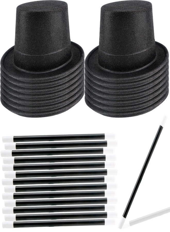 Skyebed 14 Pcs Plastic Top Hats with 14 Pcs Magician Wand Top Black Magician Hats for Men Women Halloween Cosplay Party Supplies, Glitter Black Set - Image 1