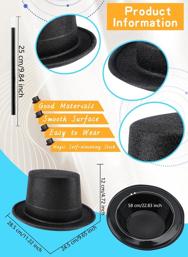 Skyebed 14 Pcs Plastic Top Hats with 14 Pcs Magician Wand Top Black Magician Hats for Men Women Halloween Cosplay Party Supplies, Glitter Black Set - Image 2