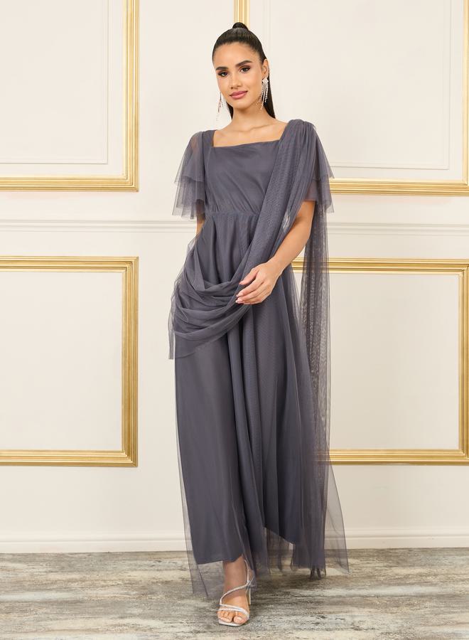 Styli Drape Mesh Insert Square Neck A-line Maxi Dress  - Image 1