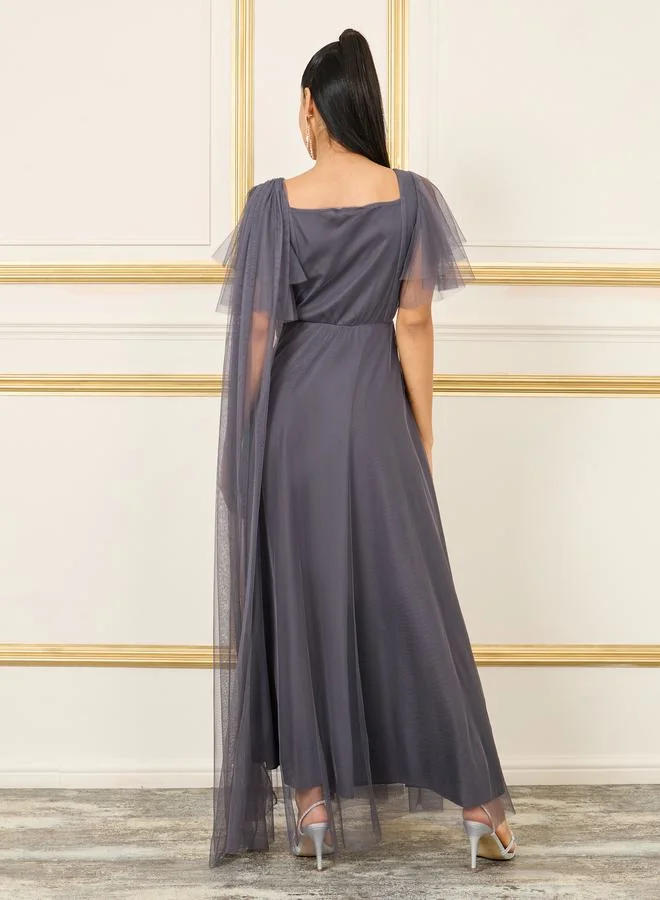 Styli Drape Mesh Insert Square Neck A-line Maxi Dress