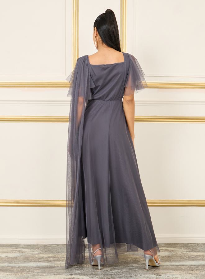 Styli Drape Mesh Insert Square Neck A-line Maxi Dress  - Image 4