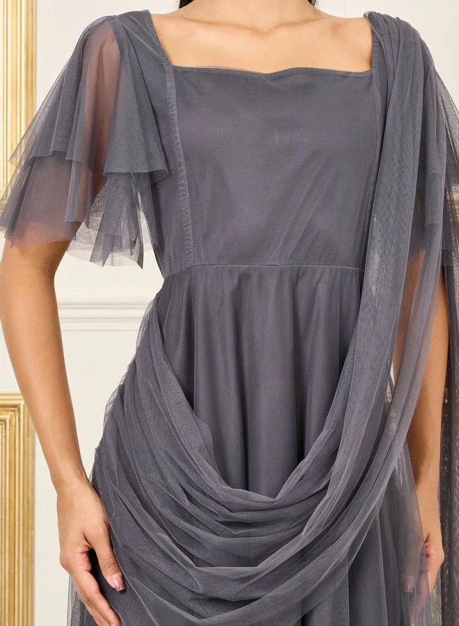 Styli Drape Mesh Insert Square Neck A-line Maxi Dress