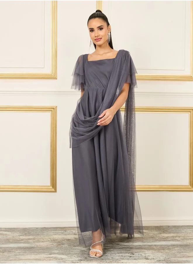 Styli Drape Mesh Insert Square Neck A-line Maxi Dress