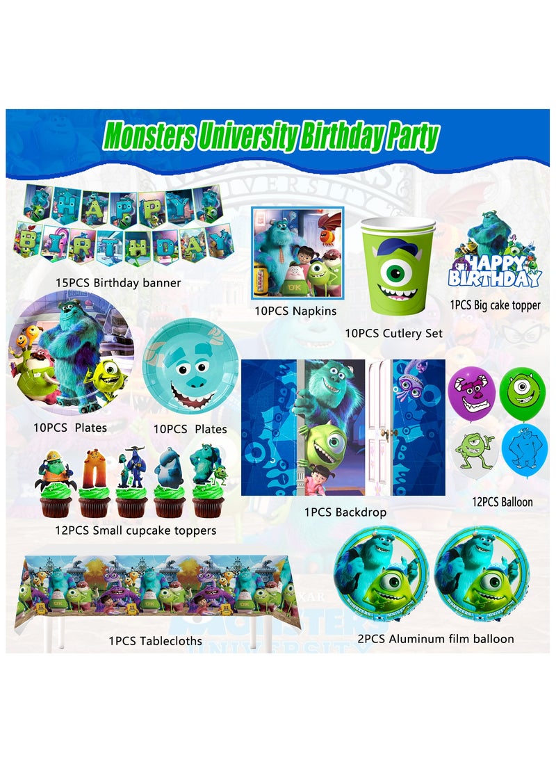 FRUITFUL PARTY - Monsters Inc Birthday Decorations for 10 Guests, 114 pcs Monster Inc Party Disposable Tableware Set Monster Inc Theme Balloons Banner Backdrop - Image 1
