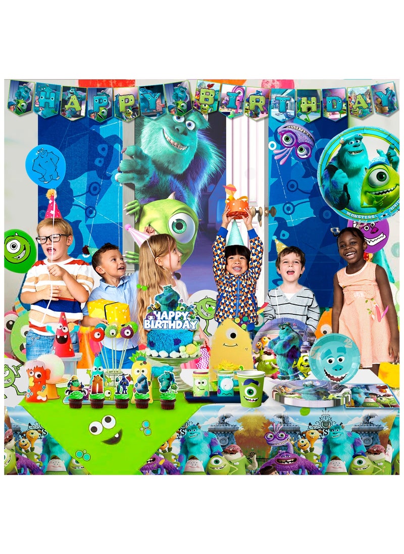FRUITFUL PARTY - Monsters Inc Birthday Decorations for 10 Guests, 114 pcs Monster Inc Party Disposable Tableware Set Monster Inc Theme Balloons Banner Backdrop - Image 1