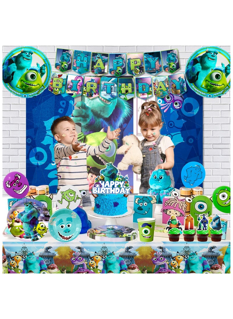 FRUITFUL PARTY - Monsters Inc Birthday Decorations for 10 Guests, 114 pcs Monster Inc Party Disposable Tableware Set Monster Inc Theme Balloons Banner Backdrop - Image 1