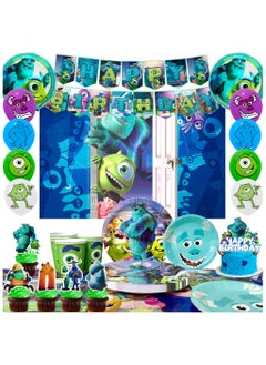 Monsters Inc Birthday Decorations for 10 Guests, 114 pcs Monster Inc Party Disposable Tableware Set Monster Inc Theme Balloons Banner Backdrop