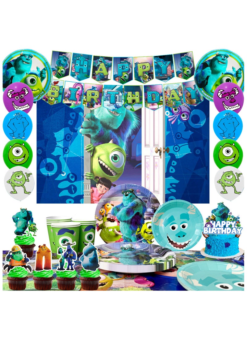 FRUITFUL PARTY - Monsters Inc Birthday Decorations for 10 Guests, 114 pcs Monster Inc Party Disposable Tableware Set Monster Inc Theme Balloons Banner Backdrop - Image 1