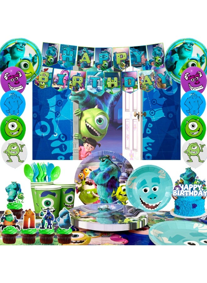 حفلة مثمرة زينة عيد ميلاد Monsters Inc لـ 10 ضيوف، 114 قطعة طقم أدوات مائدة لحفلات مونستر Inc يمكن التخلص منها بالونات خلفية ذات طابع Monster Inc - Image 1