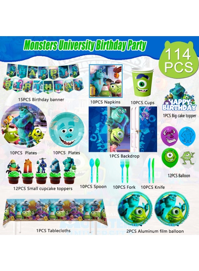 حفلة مثمرة زينة عيد ميلاد Monsters Inc لـ 10 ضيوف، 114 قطعة طقم أدوات مائدة لحفلات مونستر Inc يمكن التخلص منها بالونات خلفية ذات طابع Monster Inc - Image 2