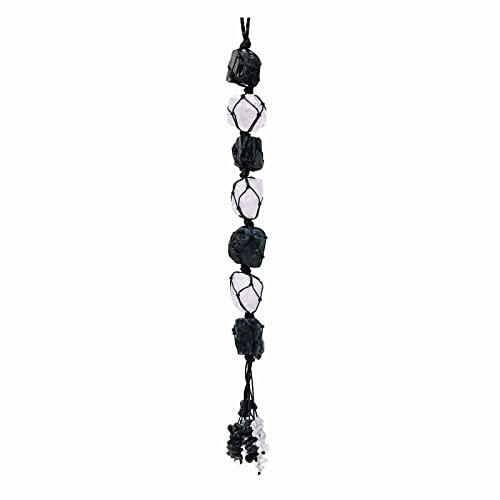 Runyangshi Natural Crystal Black TourmalineClear Quartz Rough Stone Hanging Ornament with Chip Stones Tassels Reiki Healing Meditation Energy Balance Yoga Home Decor Gift