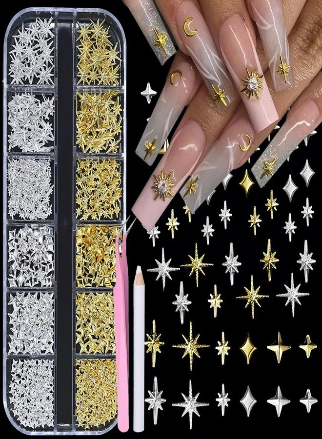 HYWWPFLAY 3D Star Nail Charms, Silver & Gold Nail Art Charms Bulk, Star-shpaed Nail Jewelry Studs Rhinestones Metal Stars Charms for Nails Design DIY Manicure Decoration with 1 Pickup pen, 1 Tweezers - Image 1