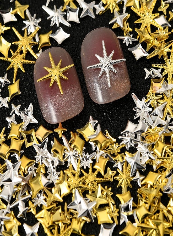 HYWWPFLAY 3D Star Nail Charms, Silver & Gold Nail Art Charms Bulk, Star-shpaed Nail Jewelry Studs Rhinestones Metal Stars Charms for Nails Design DIY Manicure Decoration with 1 Pickup pen, 1 Tweezers - Image 3