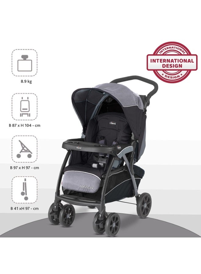Chicco Cortina CX Stroller, Pram for 0-5 years New Born / Baby / Toddler / Kid (Boy,Girl), 8 Reclining Positions with Cradle-effect Seat, Easy One-hand Folding, Linked Brakes and Shock-proof Wheels, 3-Position Adjustable Parent Handle, 5-Point Safety Harness (Upto 22 Kgs, Jet Black) - Image 4