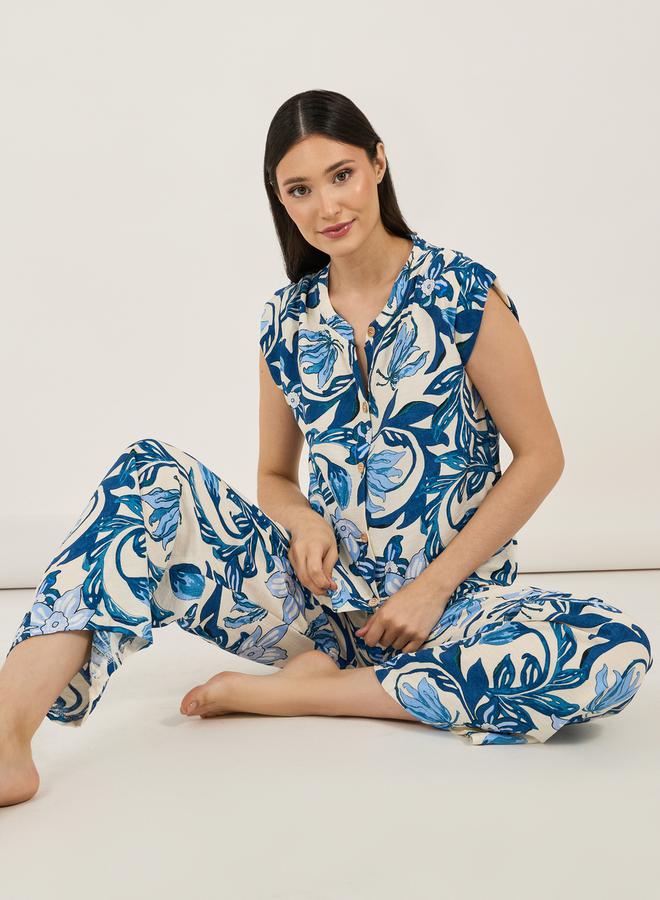 ستايلي طقم بيجامة وقميص بطبعات زهور فيسكوز - Image 1