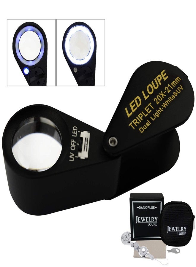 DANOPLUS 20x Magnifier Jewelry Loupe LED UV 21mm Triplet Lens Optical Glass, Pocket Gem Magnifying Tool Jeweler, Stamp Philatelist, Coin Numismatic - Image 1