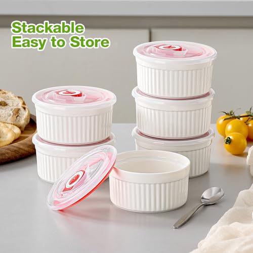 Mfacoy Ramekins with Lids Set of 6, 8 oz Porcelain Creme Brulee Souffle Ramekins with Covers, White Pudding Custard Cups Ramiken for Baking, Small Bowls for Sauces Dessert, Dishwasher and Oven Safe - Image 5