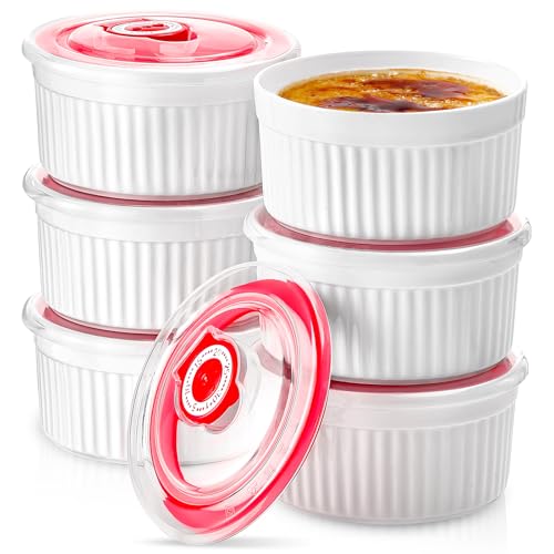 Mfacoy Ramekins with Lids Set of 6, 8 oz Porcelain Creme Brulee Souffle Ramekins with Covers, White Pudding Custard Cups Ramiken for Baking, Small Bowls for Sauces Dessert, Dishwasher and Oven Safe - Image 1