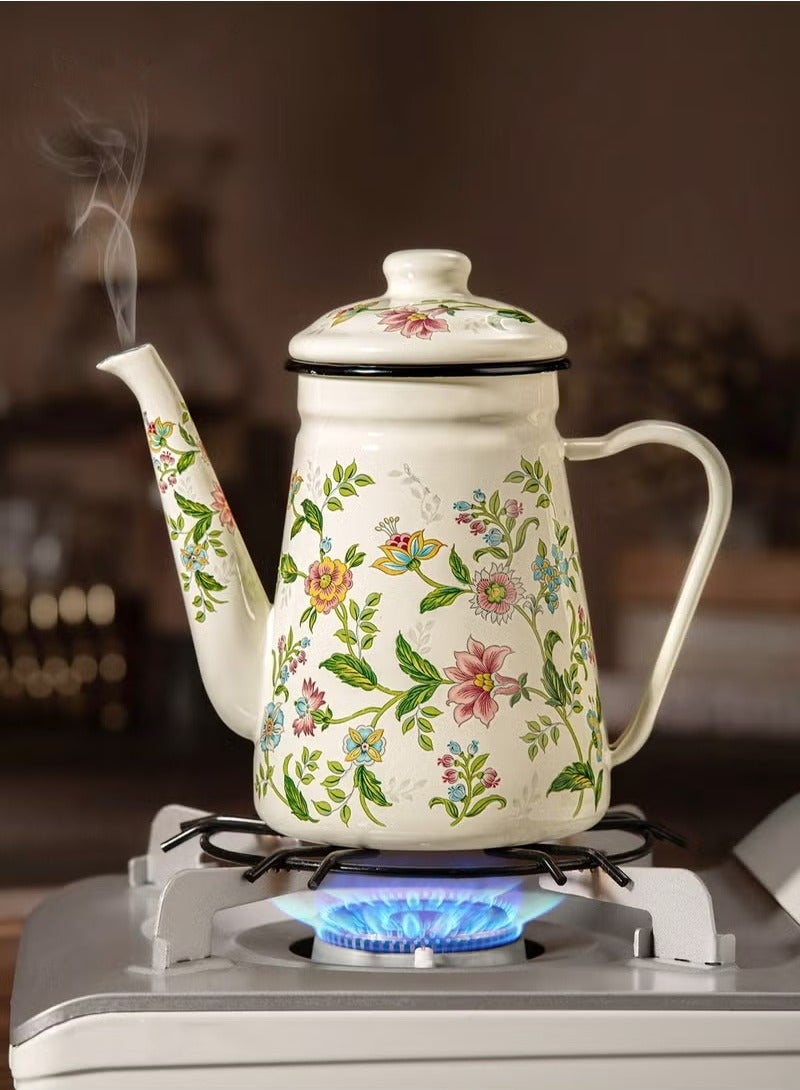 ELFSA Enamel Coffee Pot Floral Pattern 1.1L Large Capacity Pour-Over Kettle Narrow Mouth Handle Boiling Pot for Home Use Suitable for Electric Stove Gas Coffee and Tea Brewing - Image 5