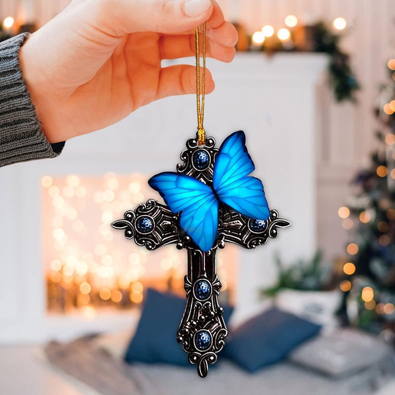Talataca Blue Butterfly Jesus Cross Car Rear View Mirror Pendant - Image 5