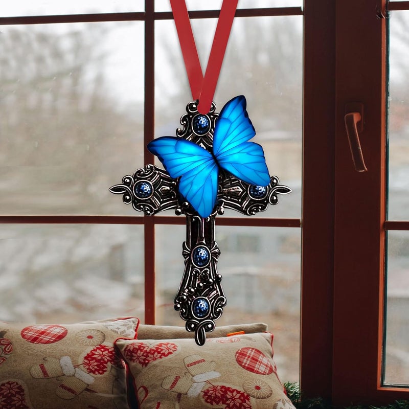 Talataca Blue Butterfly Jesus Cross Car Rear View Mirror Pendant - Image 4