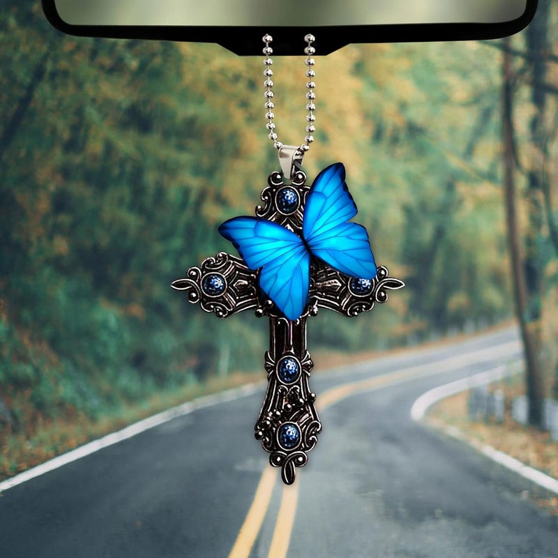 Talataca Blue Butterfly Jesus Cross Car Rear View Mirror Pendant - Image 3