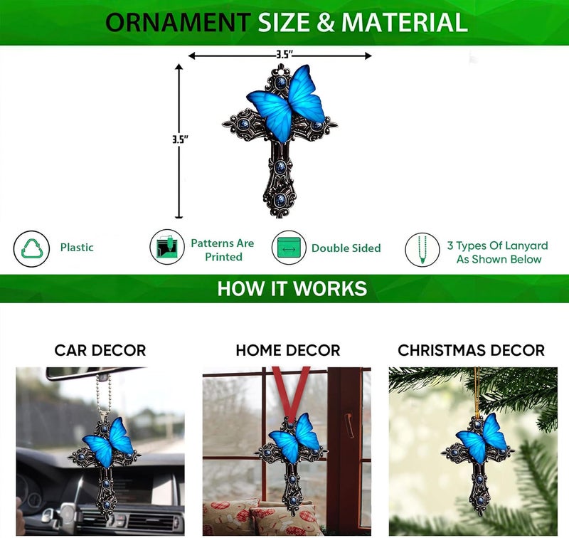 Talataca Blue Butterfly Jesus Cross Car Rear View Mirror Pendant - Image 2