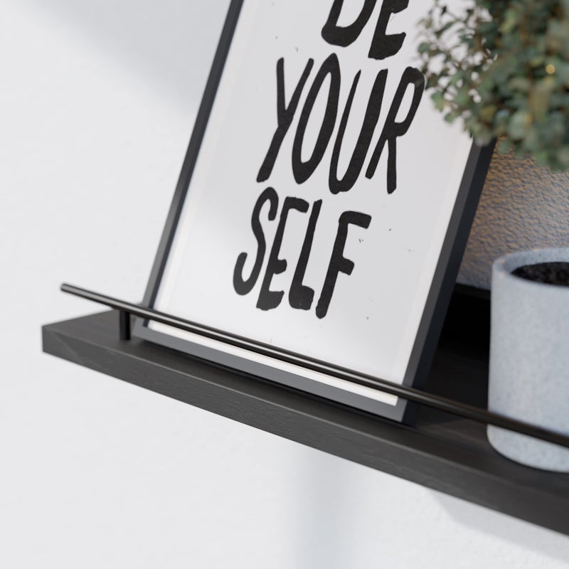 WOPITUES Floating Shelves with Black Metal Guardrail, Shelves for Wall Decor Set of 3, Wall Shelves for Bedroom, Bathroom, Kitchen, Living Room, Plants, Picture Frames, Art- Black - Image 2