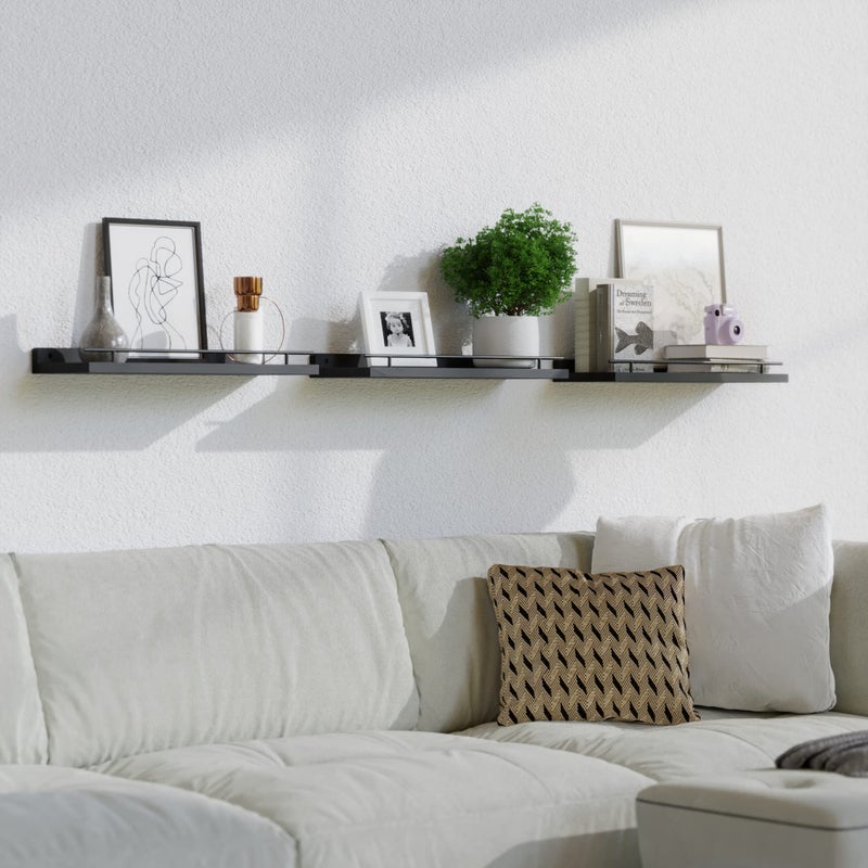 WOPITUES Floating Shelves with Black Metal Guardrail, Shelves for Wall Decor Set of 3, Wall Shelves for Bedroom, Bathroom, Kitchen, Living Room, Plants, Picture Frames, Art- Black - Image 5