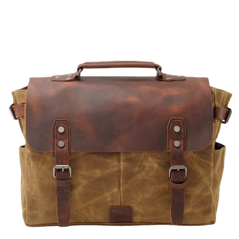 Retro Oil Wax Canvas With Crazy Horse Leather Official Bag Men'S Bag Retro Shoulder Crossbody Handbag - Image 2