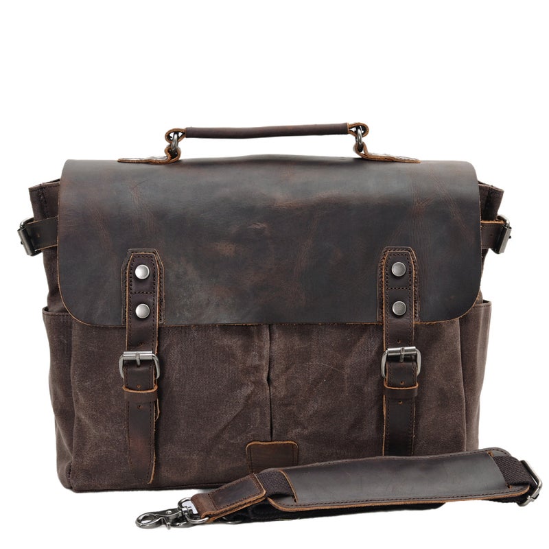 Retro Oil Wax Canvas With Crazy Horse Leather Official Bag Men'S Bag Retro Shoulder Crossbody Handbag - Image 4