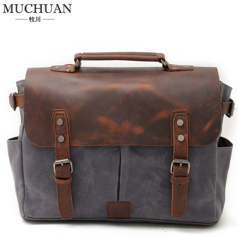 Retro Oil Wax Canvas With Crazy Horse Leather Official Bag Men'S Bag Retro Shoulder Crossbody Handbag - Image 1