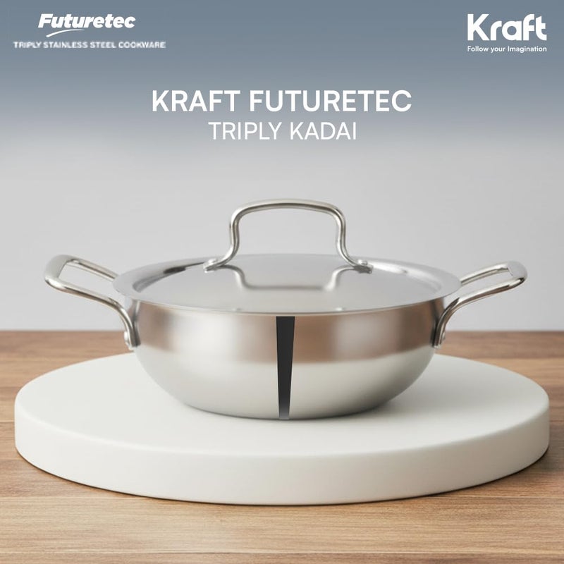 Kraft Futuretec Triply Stainless Steel Kadai with Lid – 1.5 Litre (20 cm), 2.5 mm Thick Extra Deep Kadai | Family Meals and Daily Cooking | Induction & Gas Compatible - Image 3